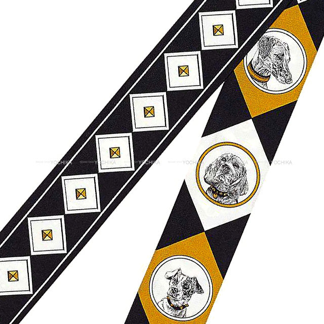 HERMES scarf Twilly Colliers et Chiens Noir (Black)/Gold Silk100%[EXCELLENT][Authentic]