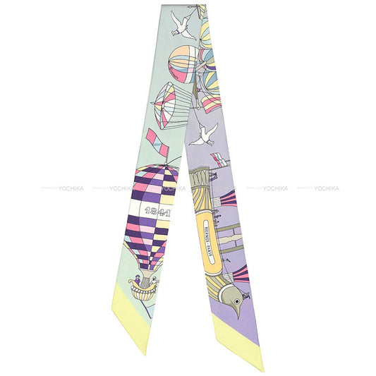 2022 SS HERMES scarf Twilly Les Folies du Ciel Mauve/Jaune/Vert Silk100%[BRAND NEW][Authentic]