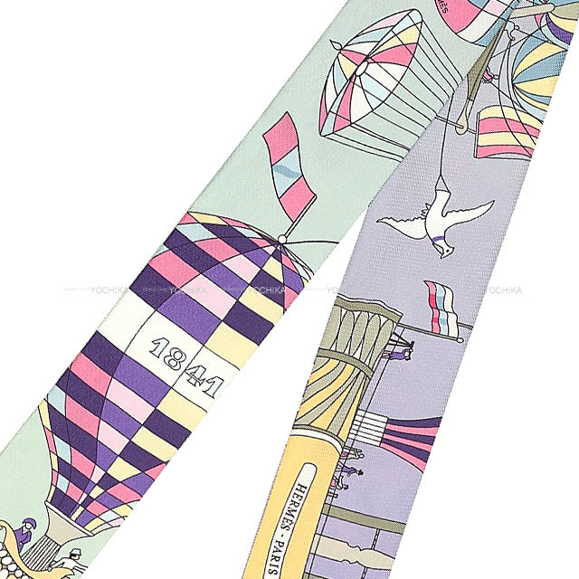 2022 SS HERMES scarf Twilly Les Folies du Ciel Mauve/Jaune/Vert Silk100%[BRAND NEW][Authentic]