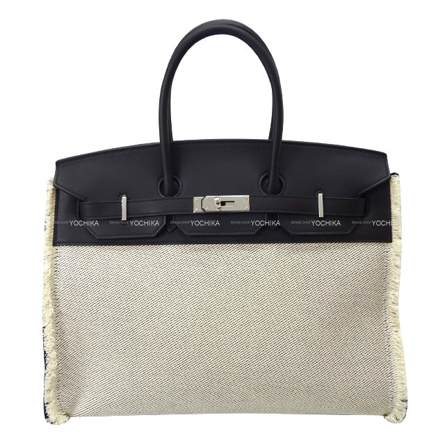 HERMES Handbag Birkin35 Fray Fray Noir (Black) Toile Twill H/Veau Swift Silver HW Stamp Y[EXCELLENT][Authentic]