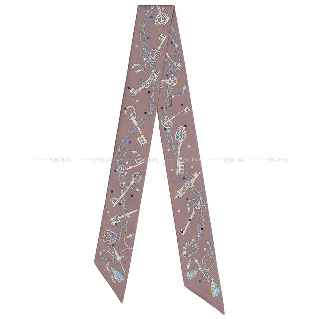 HERMES scarf Twilly Les Cles a Pois Marron Glace/Gris Silk100%[BRAND NEW][Authentic]