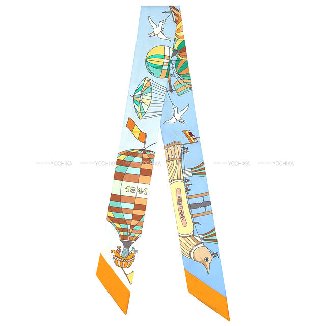 2022 SS HERMES scarf Twilly Les Folies du Ciel Soleil Blue lavender/Vert  Silk100%[EXCELLENT][Authentic]