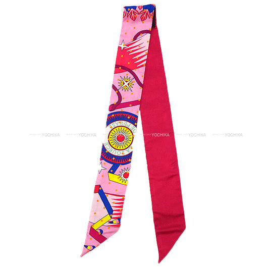 HERMES scarf Twilly Plumetis Rose/Jaune Silk100%[EXCELLENT][Authentic]