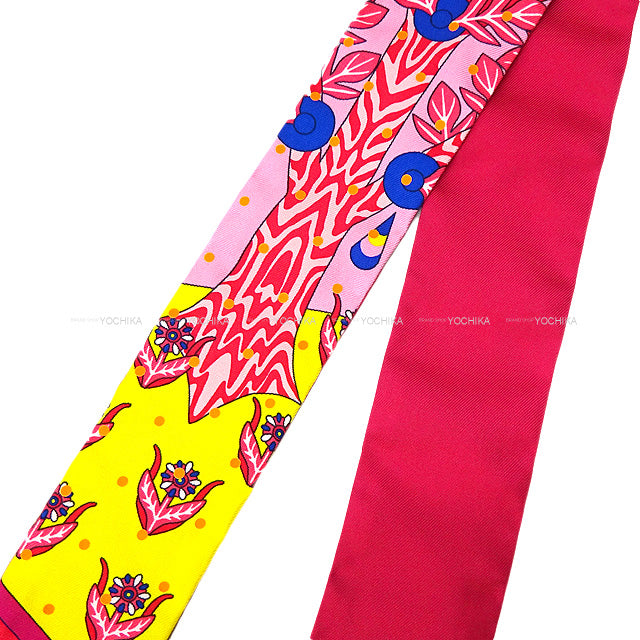 HERMES scarf Twilly Plumetis Rose/Jaune Silk100%[EXCELLENT][Authentic]