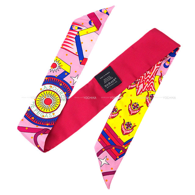 HERMES scarf Twilly Plumetis Rose/Jaune Silk100%[EXCELLENT][Authentic]
