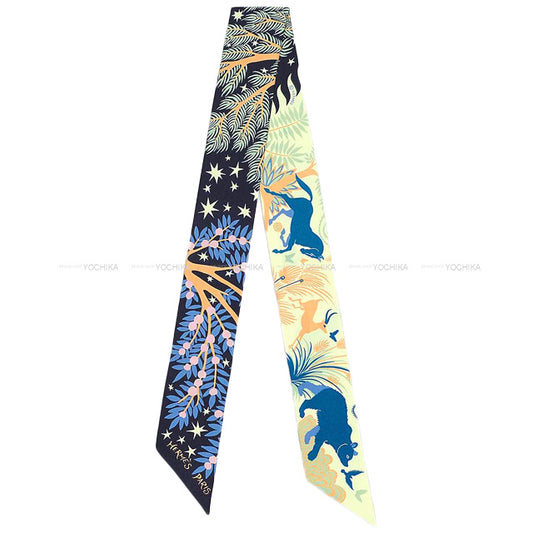 2022AW HERMES scarf Twilly Sous le Charme d'OrpheeBlue Noir/Jaune Soufre/Rose Silk100% 063702S 06[EXCELLENT][Authentic]