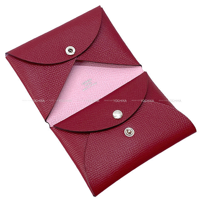 HERMES card holder Calvi Duo Verso Rouge Grenade/Mauve sylvestre Veau Epsom Silver HW Stamp U[EXCELLENT][Authentic]