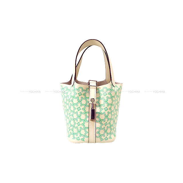 HERMES Handbag Picotin Lock Micro 14 Lucky Daisy Nata Vert/Blanc Veau Swift Silver HW Stamp U[EXCELLENT][Authentic]