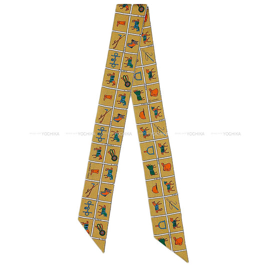 HERMES scarf Twilly Couvertures et Tenues de Jour Mordor/White/Bleu Silk100%[EXCELLENT][Authentic]