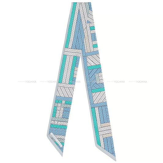 2022SS HERMES scarf Twilly Tresses H Bleu Jean/Gris Perle/Vert Silk100%[EXCELLENT][Authentic]