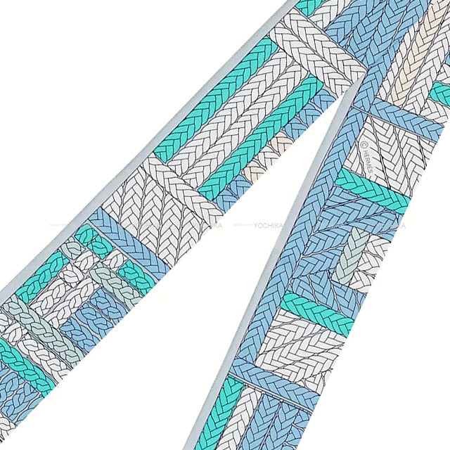 2022SS HERMES scarf Twilly Tresses H Bleu Jean/Gris Perle/Vert Silk100%[EXCELLENT][Authentic]