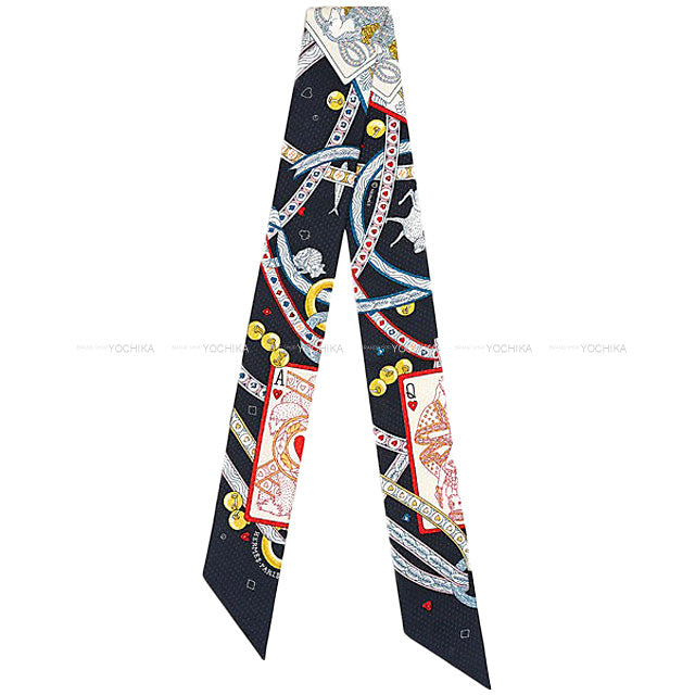 HERMES scarf Twilly Dame de Coeur Trump pattern With rhinestone Noir(Black) / Rouge Silk100%[EXCELLENT][Authentic]