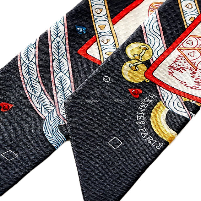 HERMES scarf Twilly Dame de Coeur Trump pattern With rhinestone Noir(Black) / Rouge Silk100%[EXCELLENT][Authentic]