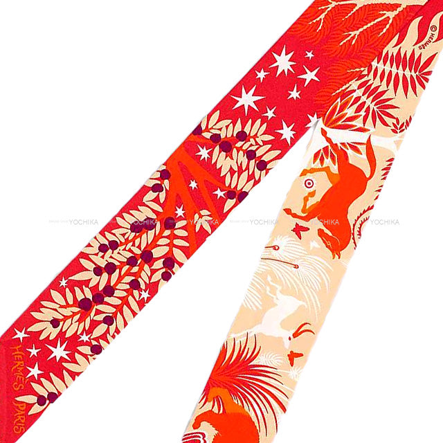 HERMES scarf Twilly Souls Le Charme D'Orphee Vermillon/Beige/Violet Cotton100%[EXCELLENT][Authentic]