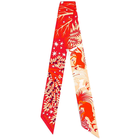 HERMES scarf Twilly Souls Le Charme D'Orphee Vermillon/Beige/Violet Cotton100%[EXCELLENT][Authentic]