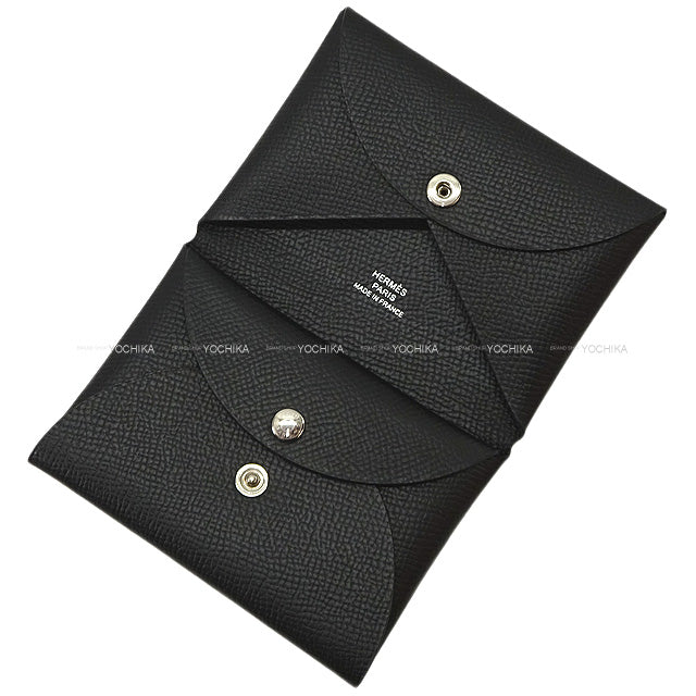 HERMES card holder Calvi Duo Noir (Black) Veau Epsom Silver HW Stamp W[BRAND NEW][Authentic]