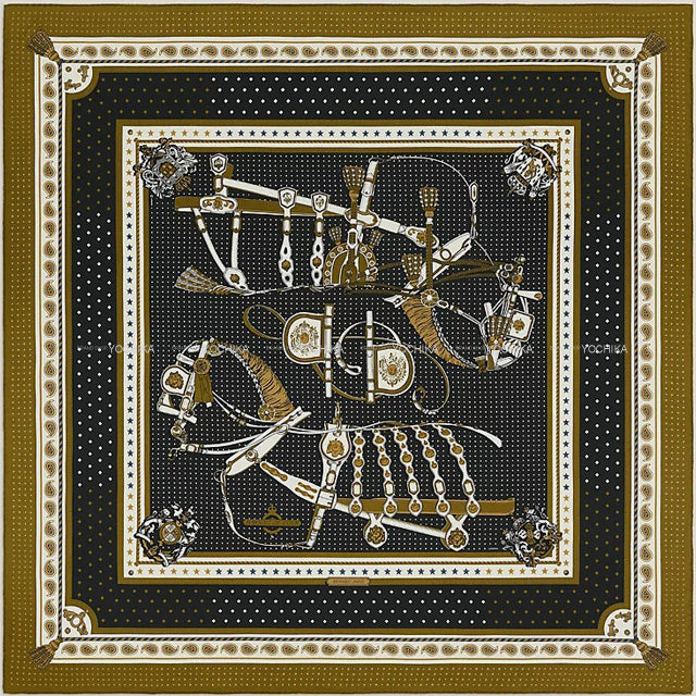 2022AW HERMES scarf Carre 140 Harnais de Cour Bandana  Bronze/Black/White Cashmere70% / Silk30%[BRAND NEW][Authentic]