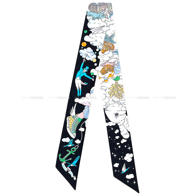 2022AW HERMES scarf Twilly Sur Mon NuageBlue Noir/Mauve/Multicolor Silk100% 063900S 14[EXCELLENT][Authentic]