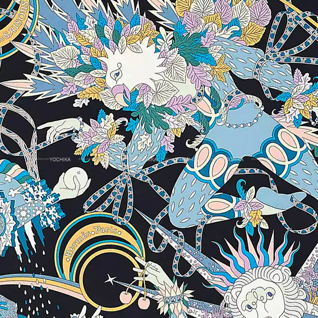 2022AW HERMES scarf Carre 90 Le Sacre des Blue Noir/Ciel/Rose Silk100%[BRAND NEW][Authentic]