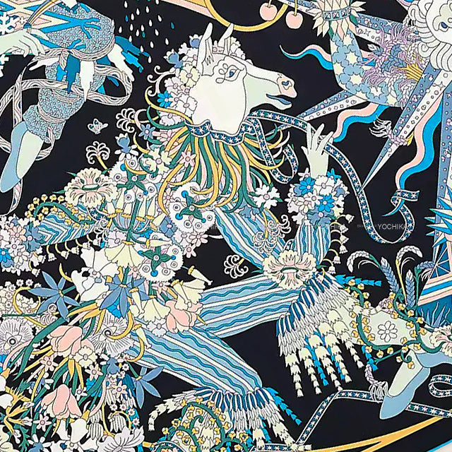 2022AW HERMES scarf Carre 90 Le Sacre des Blue Noir/Ciel/Rose Silk100%[BRAND NEW][Authentic]