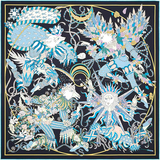 2022AW HERMES scarf Carre 90 Le Sacre des Blue Noir/Ciel/Rose Silk100%[BRAND NEW][Authentic]