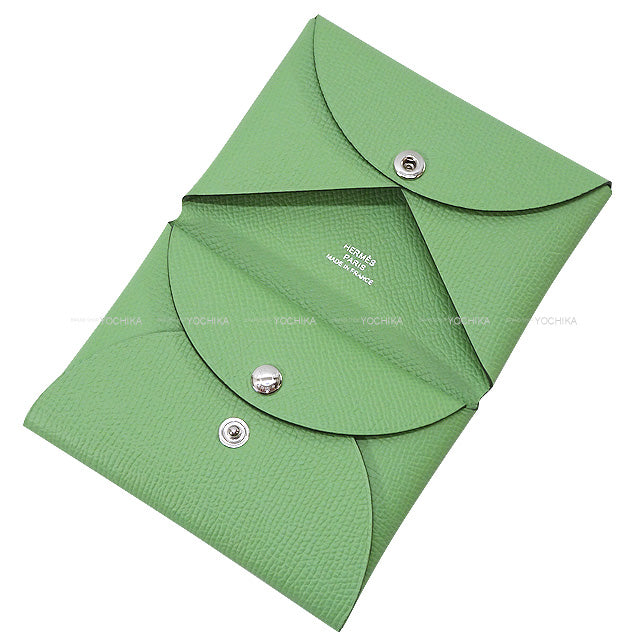 HERMES card holder Calvi Duo Vert criquet Veau Epsom Silver HW Stamp B[BRAND NEW][Authentic]
