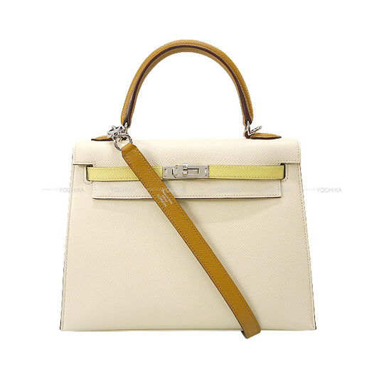 HERMES Shoulder bag Kelly25 Sellier Tricolor Nata/Jaune Poussin/Sesami Veau Epsom Silver HW Stamp U[EXCELLENT][Authentic]