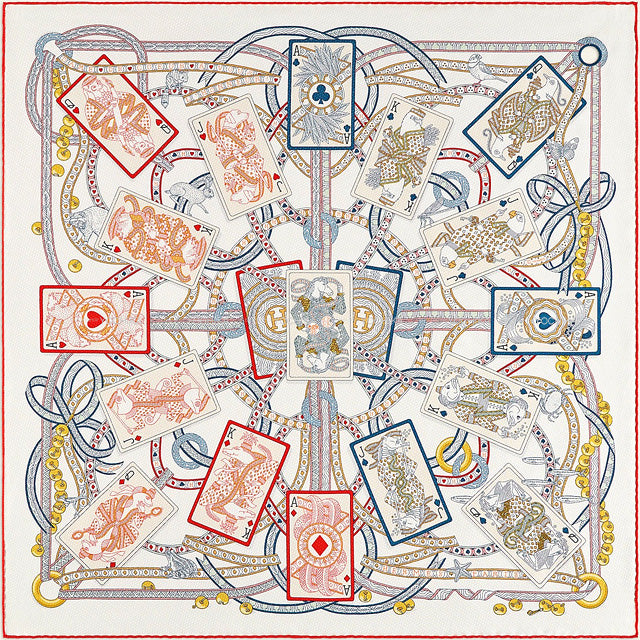 2022AW HERMES scarf Carre 70 Pique Dame de Coeur Blanc (White) Rouge/Multe Color Silk100%[EXCELLENT][Authentic]