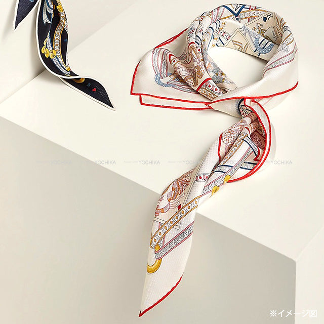 2022AW HERMES scarf Carre 70 Pique Dame de Coeur Blanc (White) Rouge/Multe Color Silk100%[EXCELLENT][Authentic]