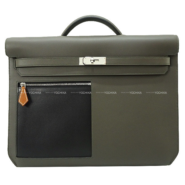 HERMES Briefcase Kelly Depeche 36 Color Matic Vert gris(C6)/Noir (Black)(89)/Fauve(34) Evercolor/Ever Grain/Veau Barenia Silver HW Stamp U[EXCELLENT][Authentic]