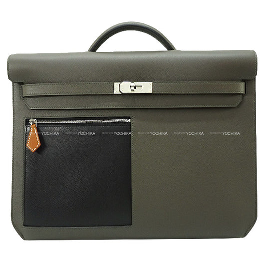 HERMES Briefcase Kelly Depeche 36 Color Matic Vert gris(C6)/Noir (Black)(89)/Fauve(34) Evercolor/Ever Grain/Veau Barenia Silver HW Stamp U[EXCELLENT][Authentic]