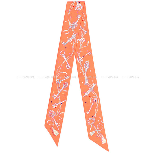 2022 SS HERMES scarf Twilly Les Cles a Pois Apricot/Gris Acier/Multi Color Silk100%[EXCELLENT][Authentic]