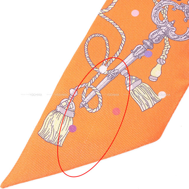 2022 SS HERMES scarf Twilly Les Cles a Pois Apricot/Gris Acier/Multi Color Silk100%[EXCELLENT][Authentic]