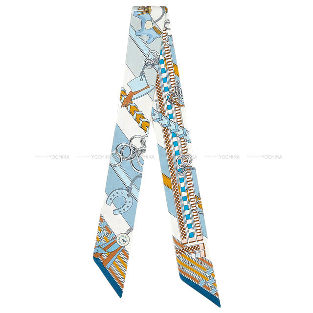 2023 SS HERMES scarf Twilly Brides et Gris Gris Bleu Jean/Blanc (White)/Miel Silk100%[EXCELLENT][Authentic]