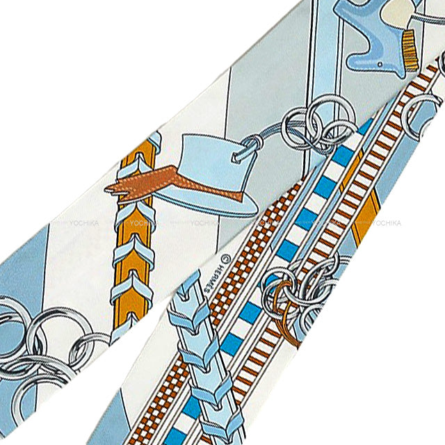 2023 SS HERMES scarf Twilly Brides et Gris Gris Bleu Jean/Blanc (White)/Miel Silk100%[EXCELLENT][Authentic]