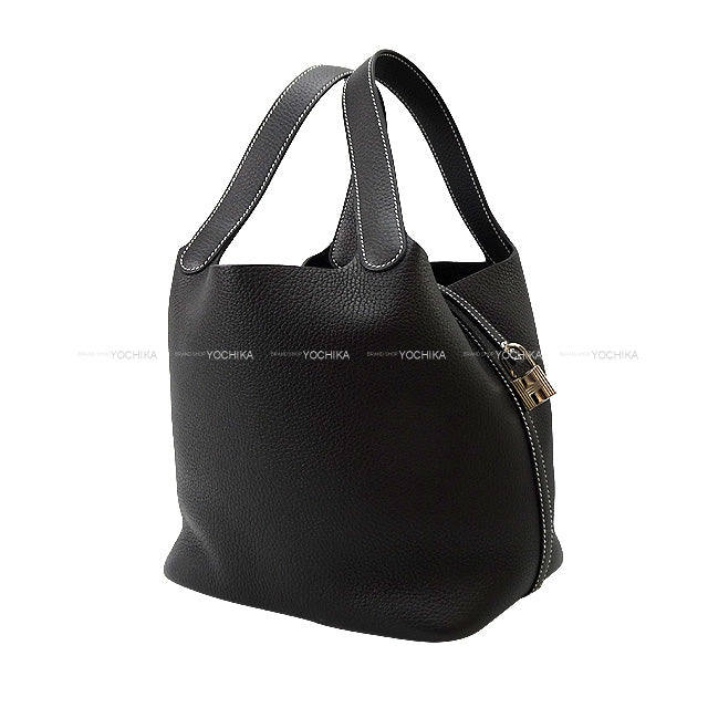 HERMES Handbag Picotin Lock 22 MM White Stitch Noir (Black) Taurillon Clemence Silver HW Stamp B[EXCELLENT][Authentic]
