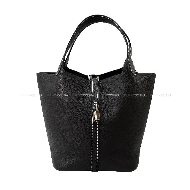 HERMES Handbag Picotin Lock 22 MM White Stitch Noir (Black) Taurillon Clemence Silver HW Stamp B[EXCELLENT][Authentic]