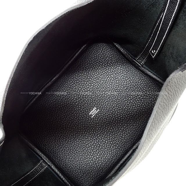 HERMES Handbag Picotin Lock 22 MM White Stitch Noir (Black) Taurillon Clemence Silver HW Stamp B[EXCELLENT][Authentic]