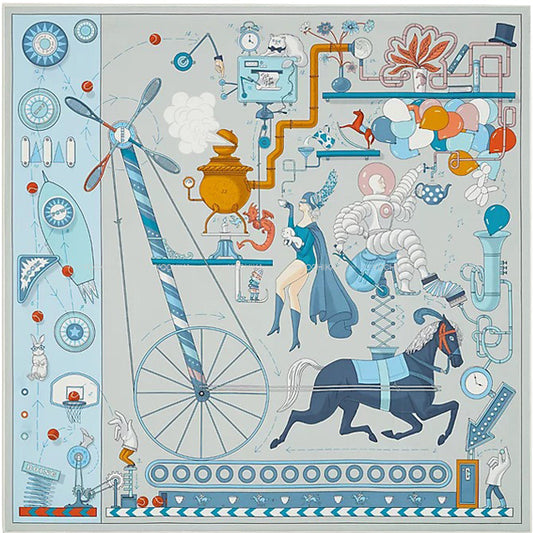 2023 SS HERMES scarf Carre 90 TEA FOR TWO Gris Pale/Ciel/Bleu Jean Silk100%[EXCELLENT][Authentic]