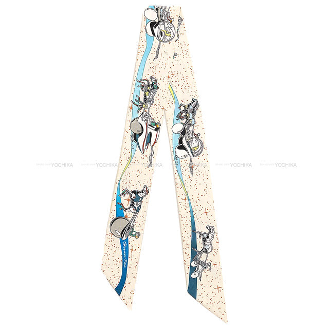 HERMES scarf Twilly Space Derby Cream/Blue/Multicolor Silk100% 063573S 04[EXCELLENT][Authentic]
