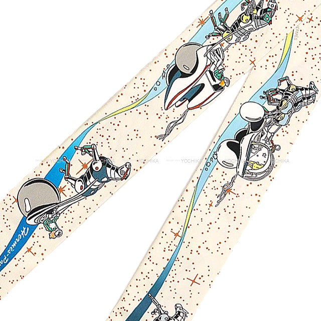 HERMES scarf Twilly Space Derby Cream/Blue/Multicolor Silk100% 063573S 04[EXCELLENT][Authentic]