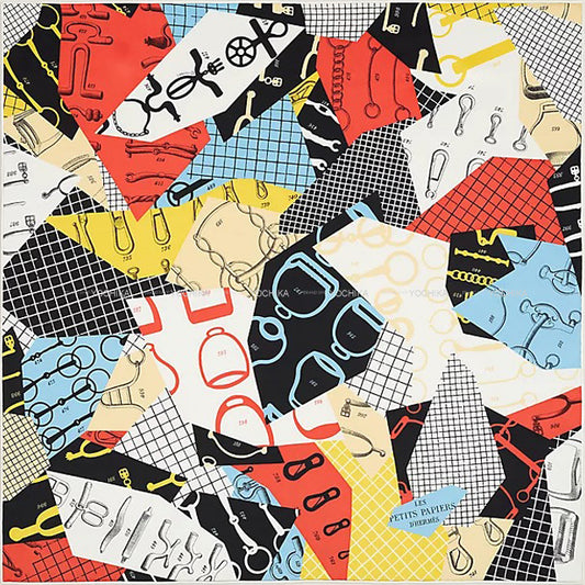 2023 SS NEW HERMES scarf Carre 70 Les Petit Papier'd HERMES Noir(Black)/Rouge/Jaune Silk100%[EXCELLENT][Authentic]