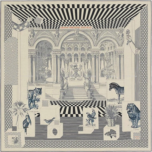 2022 AW HERMES scarf Carre 140 geant Grand Theatre Nouveau Natural/Marine/Noir(Black) Cashmere70% / Silk30%[BRAND NEW][Authentic]