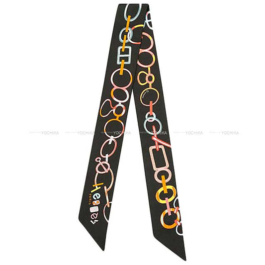 2023SS HERMES scarf Twilly Do Re Boucles Noir(Black)/Rose/Multicolor Silk100%[EXCELLENT][Authentic]