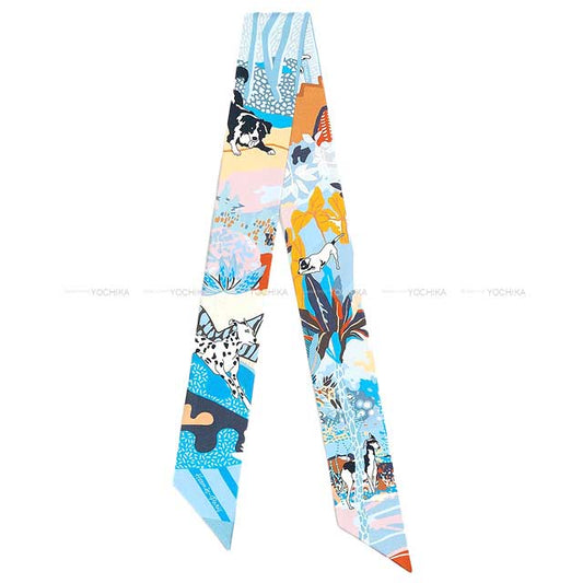 2023SS HERMES scarf Twilly EN LIBERTE! Blue/Rose/Brun Silk100%[EXCELLENT][Authentic]