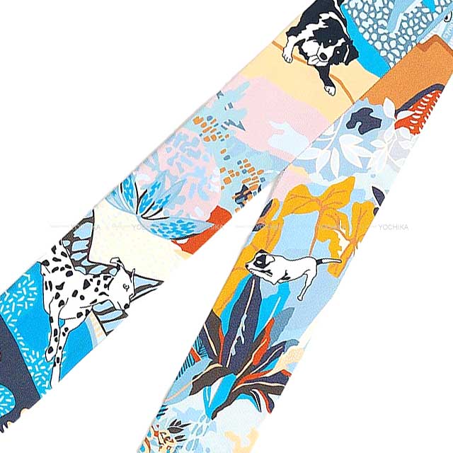 2023SS HERMES scarf Twilly EN LIBERTE! Blue/Rose/Brun Silk100%[EXCELLENT][Authentic]