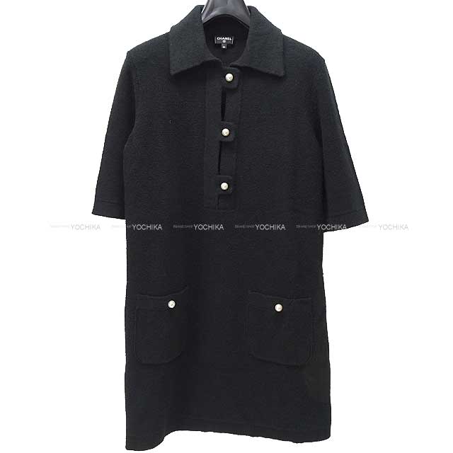 2023 SS CHANEL One‐piece dress Cocomark Pearl Button Pocket with Collar Half Length Dress #34 Noir (Black) Cotton/Mixed Fiber P74602[EXCELLENT][Authentic]