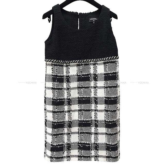 2023 SS CHANEL One‐piece dress Plaid Layered Dress #36 Noir (Black)/Blanc (White) Tweed P74449[BRAND NEW][Authentic]