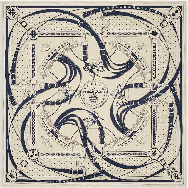 2023SS HERMES scarf Carre 140 La Promenade du Matin Bandana Natural/Marine/Noir(Black) Cashmere70% / Silk30%[EXCELLENT][Authentic]