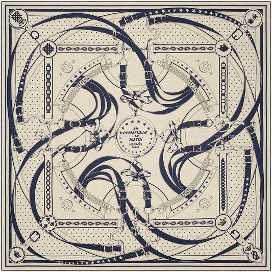 2023SS HERMES scarf Carre 140 La Promenade du Matin Bandana Natural/Marine/Noir(Black) Cashmere70% / Silk30%[EXCELLENT][Authentic]